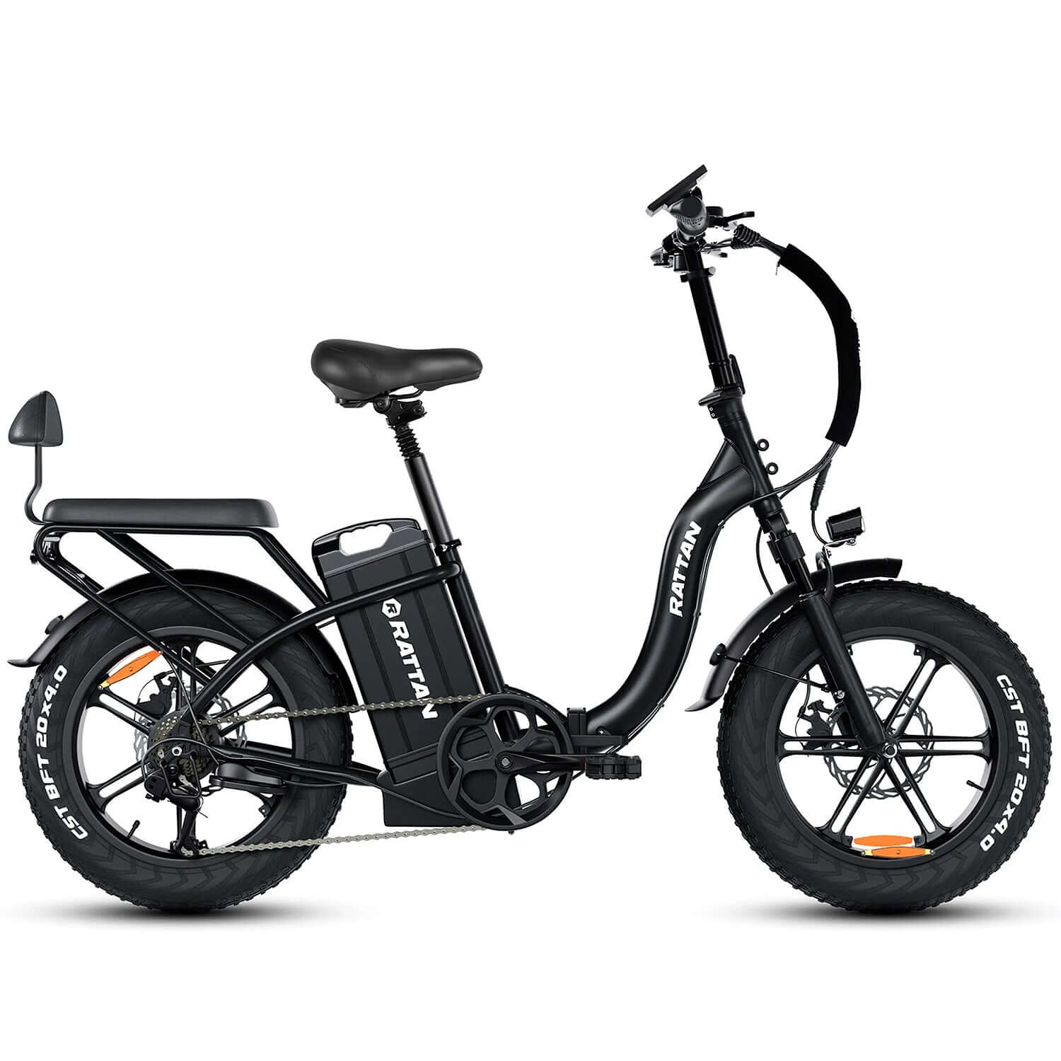 Rattan LF Ultra Step-Thru Folding Electric Bike in black with fat tires and comfortable seat