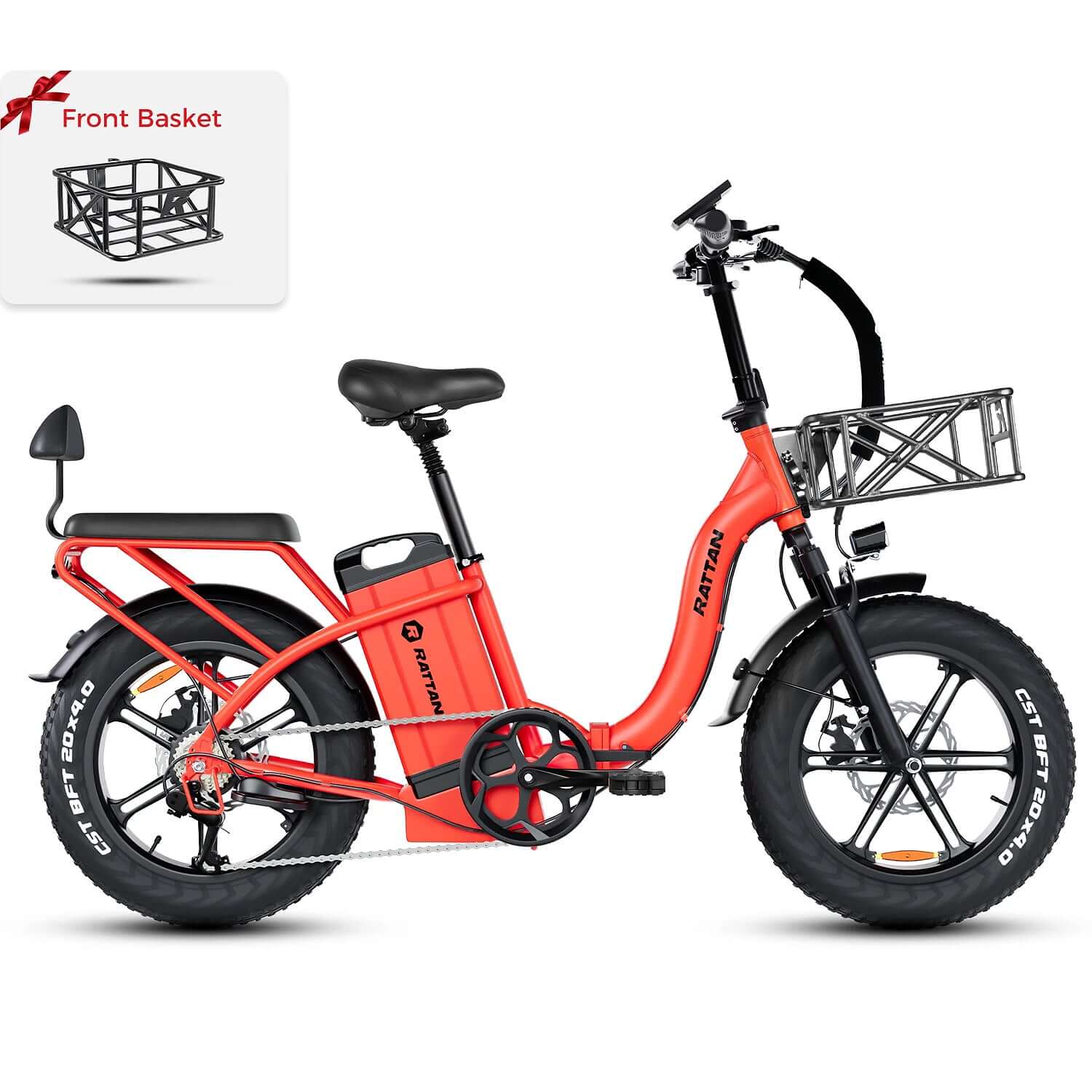 Rattan LF Ultra Folding Electric Bike with front basket in vibrant orange color, featuring a sturdy design and thick tires.