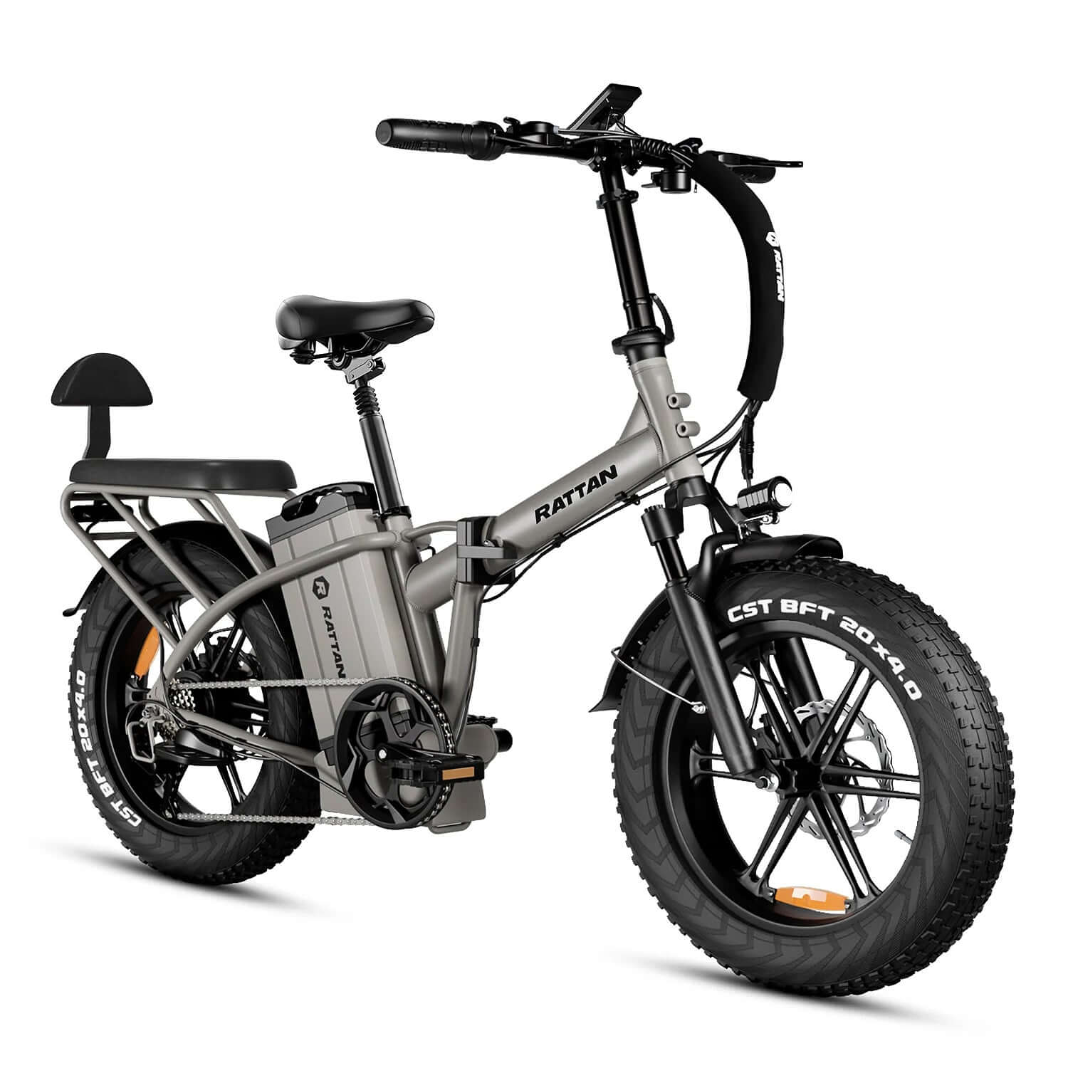 Rattan LM Ultra High-Step Folding Electric Bike in sleek gray design with wide tires and ergonomic seat.