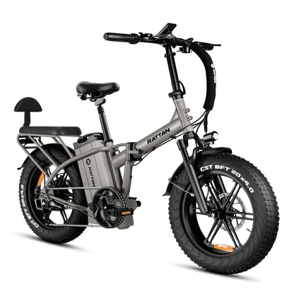 Rattan LM Ultra High-Step Folding Electric Bike in sleek gray design with wide tires and ergonomic seat.