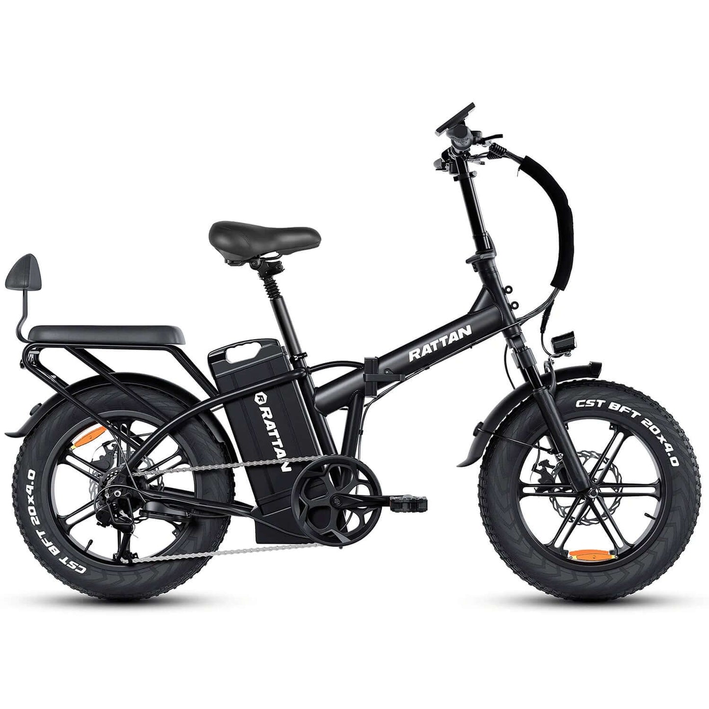 Rattan LM Ultra High-Step Folding Electric Bike with fat tires and battery, perfect for urban commuting and outdoor adventures.