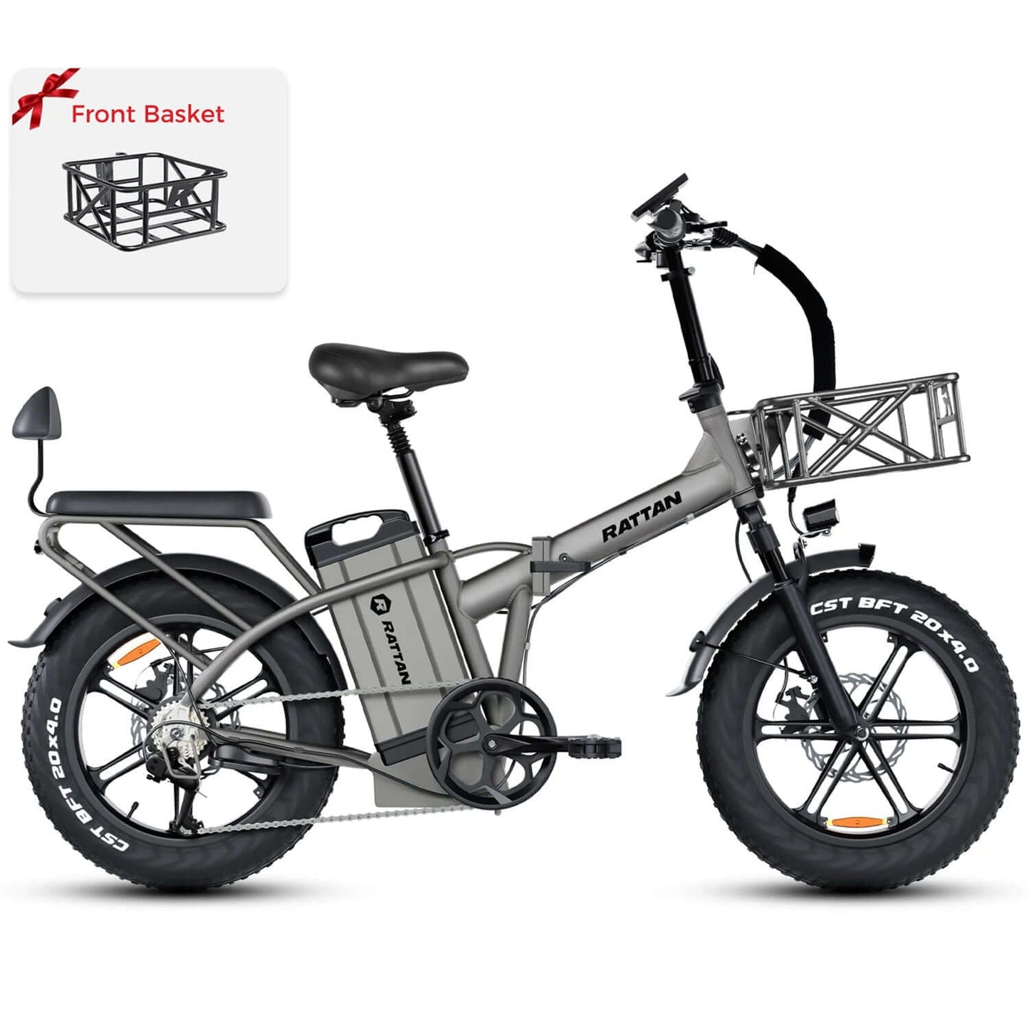 Rattan LM Ultra High-Step Folding Electric Bike with front basket and large tires for enhanced stability.
