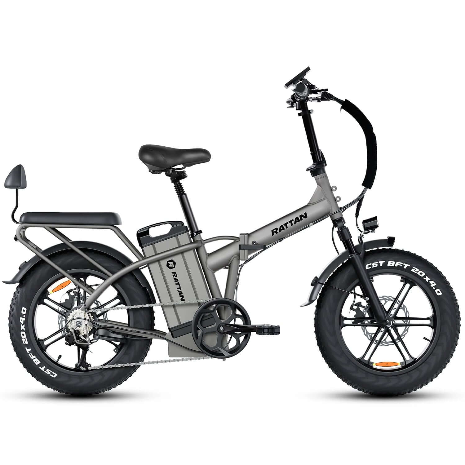 Rattan LM Ultra High-Step Folding Electric Bike in gray color, featuring a compact design and fat tires for stability.