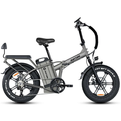 Rattan LM Ultra High-Step Folding Electric Bike in gray color, featuring a compact design and fat tires for stability.