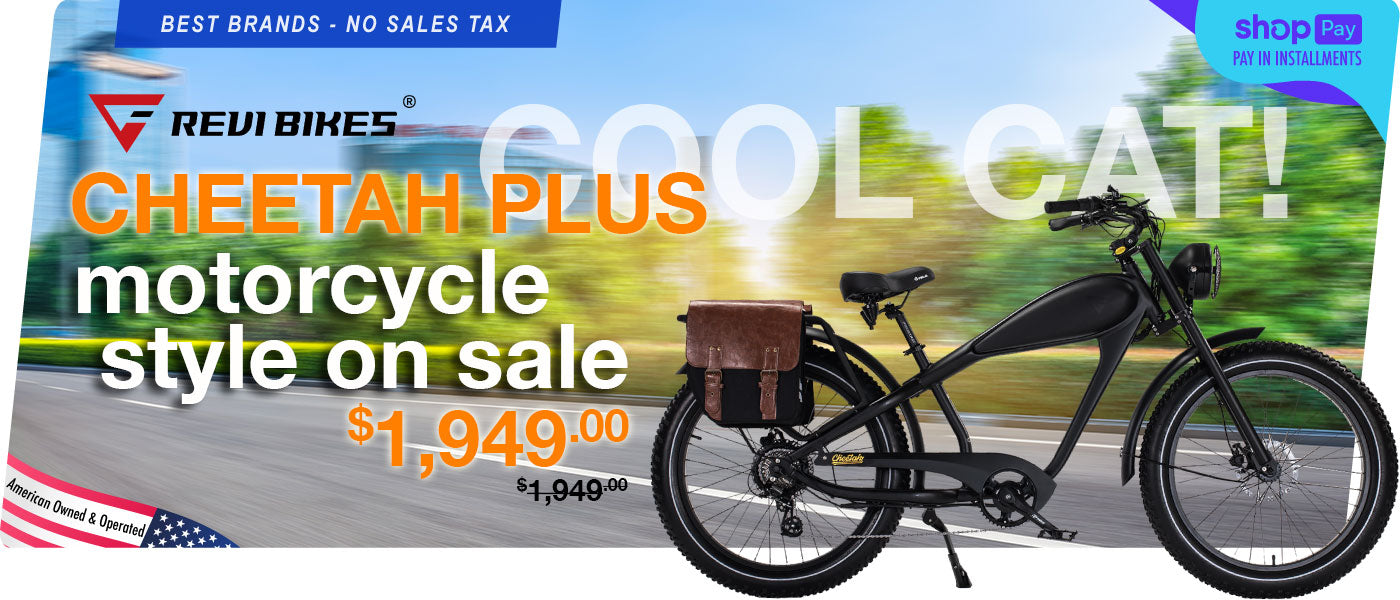 Promotional banner for Revi Bikes Cheetah Plus electric bike with scenic background