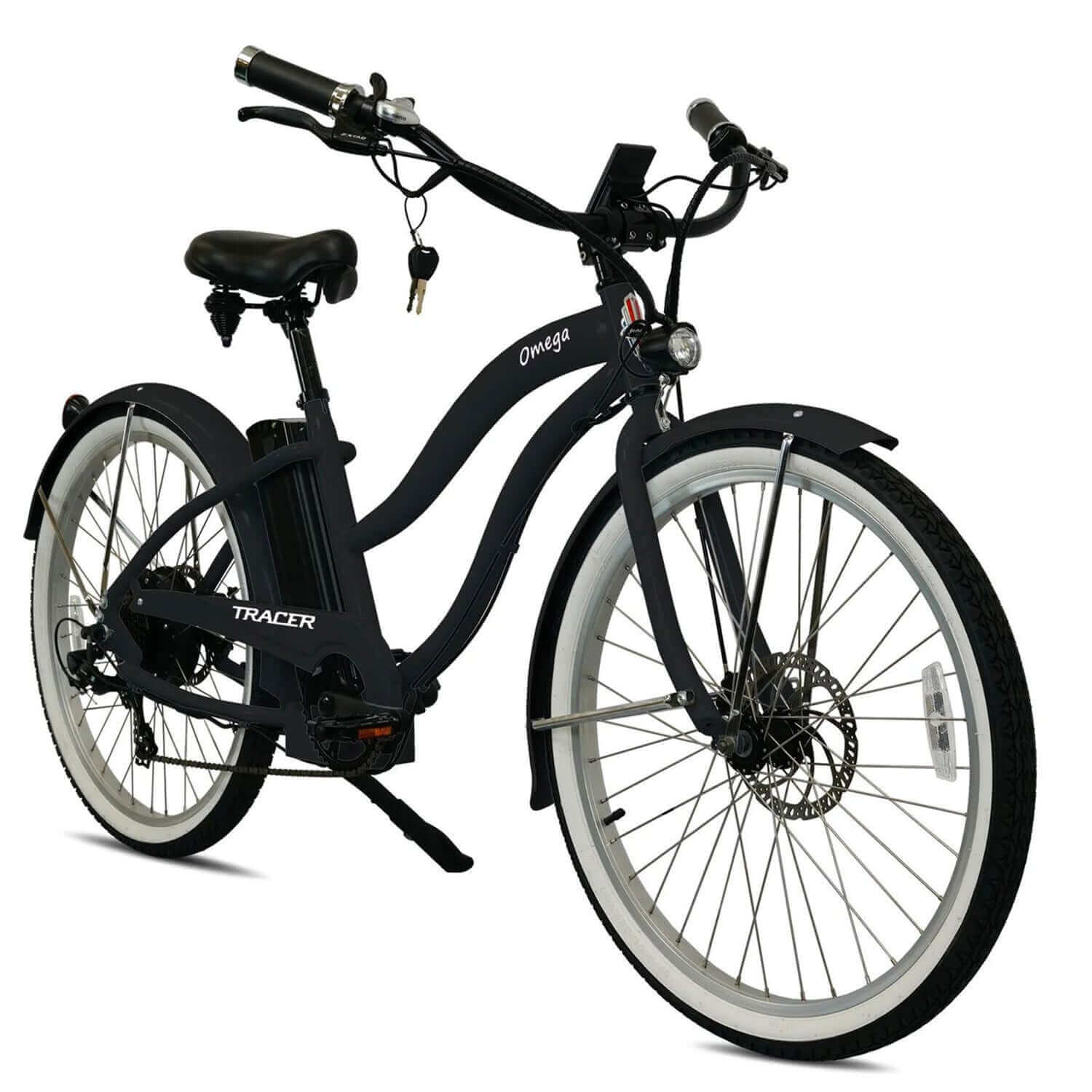 low speed electric bicycle Tracer Omega 26" 500w Cruiser E-bike, 7-speed, 30mi, 48V 14Ah, 25mph, Disc Brake, for Women, Black