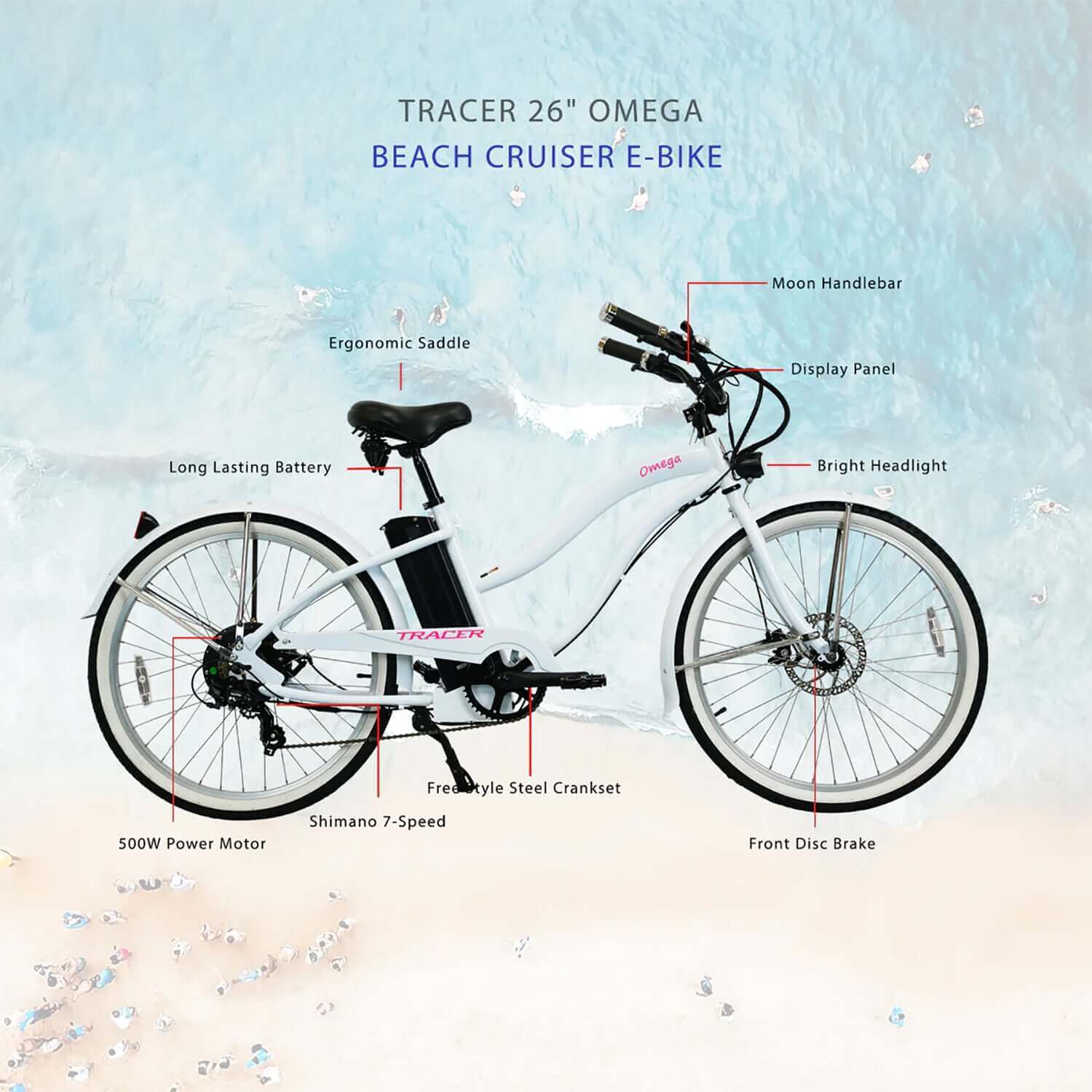 e bike beach cruiser pedelec Tracer Omega 26" 500w Cruiser E-bike, 7-speed, 30mi, 48V 14Ah, 25mph, Disc Brake, for Women, Black